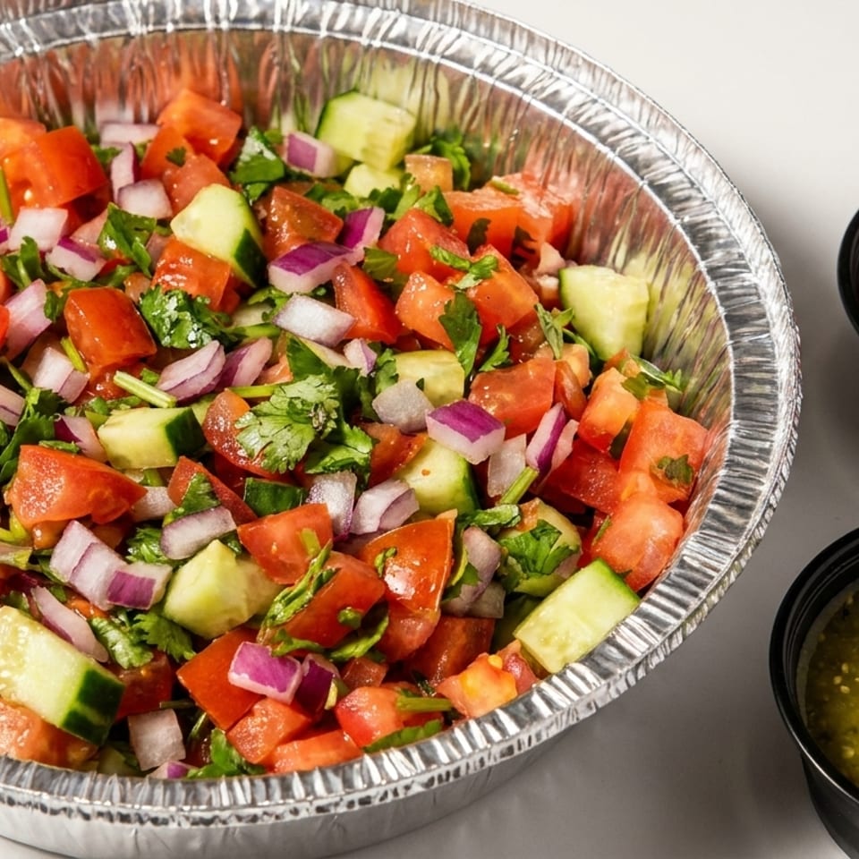 Diced tomato, cucumber, red onion, and cilantro salad in a foil bowl with red and green salsas.