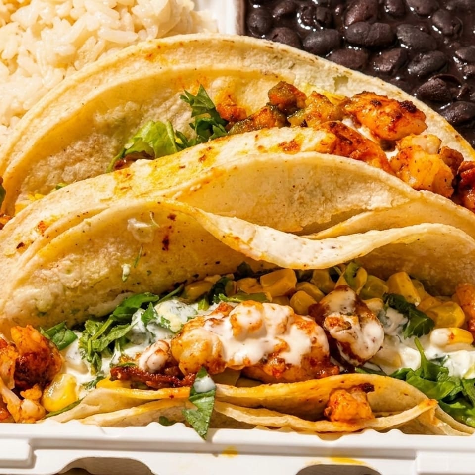Three shrimp tacos with lettuce, corn, and sauce, served with rice and black beans.