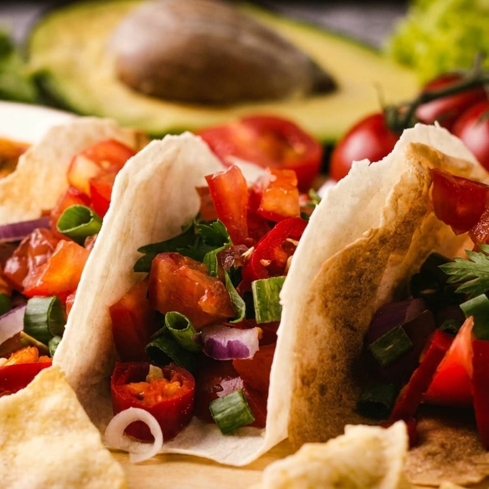 Two soft tacos filled with fresh diced tomatoes, red onion, and green onion, with chips and salsa.