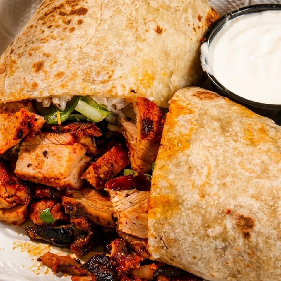 Grilled chicken burrito, partially unwrapped to show filling, with a side of white sauce in a takeout container.