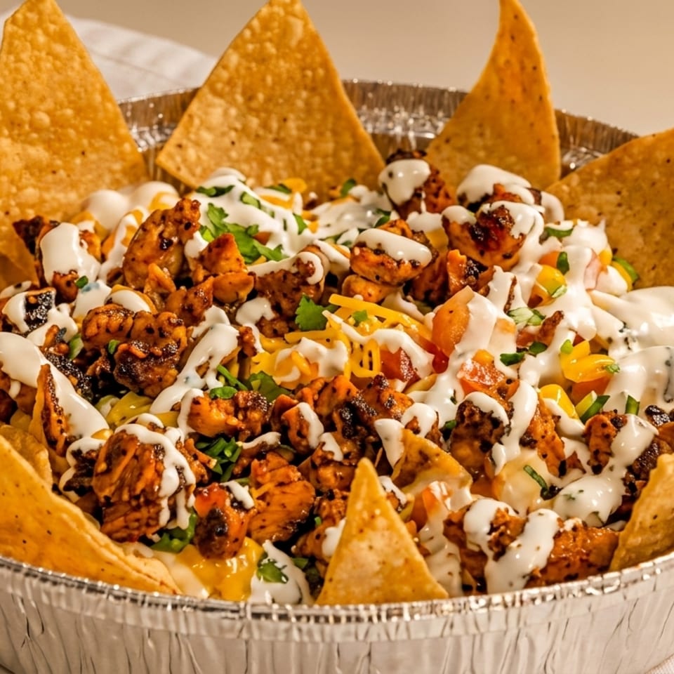 Loaded chicken nachos with cheese, vegetables, and white sauce in a foil container.