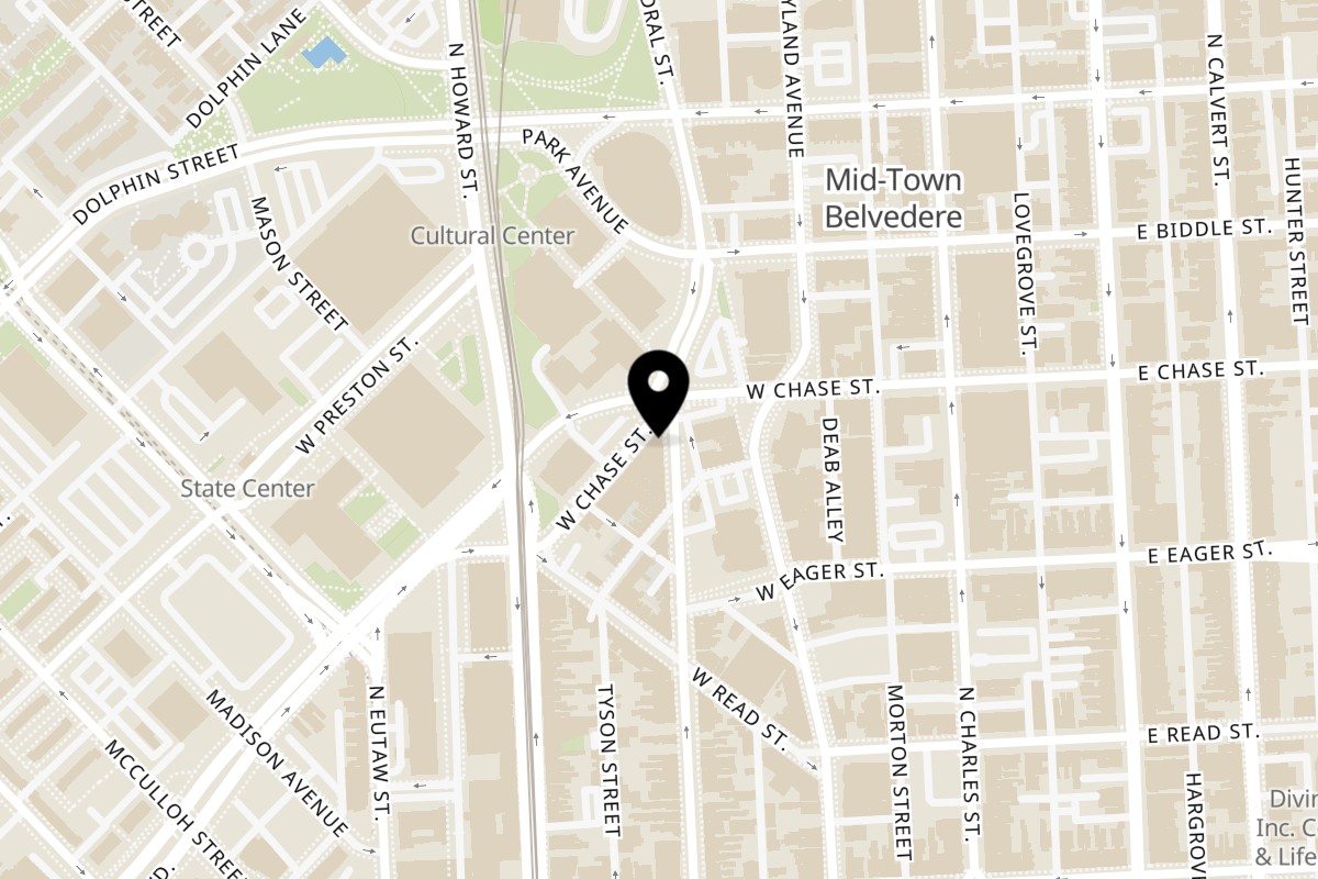 Map showing the location of Poblano Mexican Grill Baltimore on 201 W Chase St in Baltimore